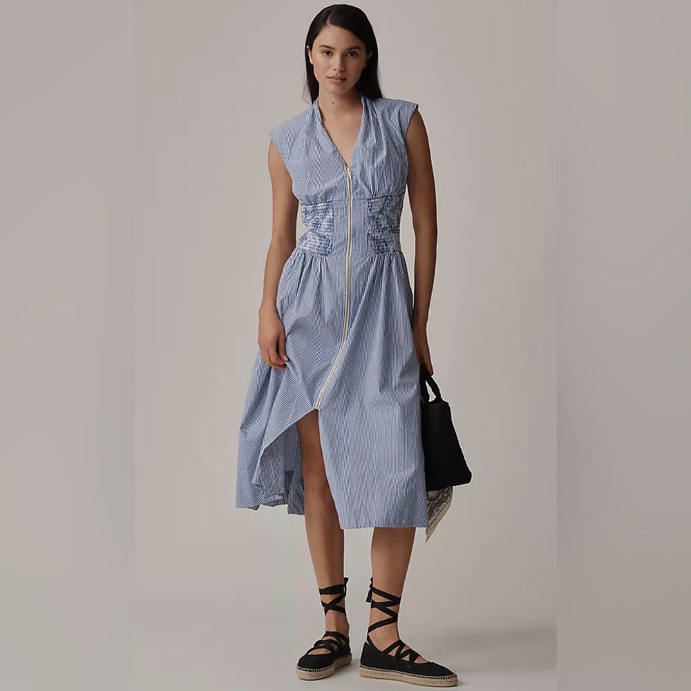 The Tommie Cap-Sleeve
Smocked Front-Zip Shirt Dress:
Shine Edition